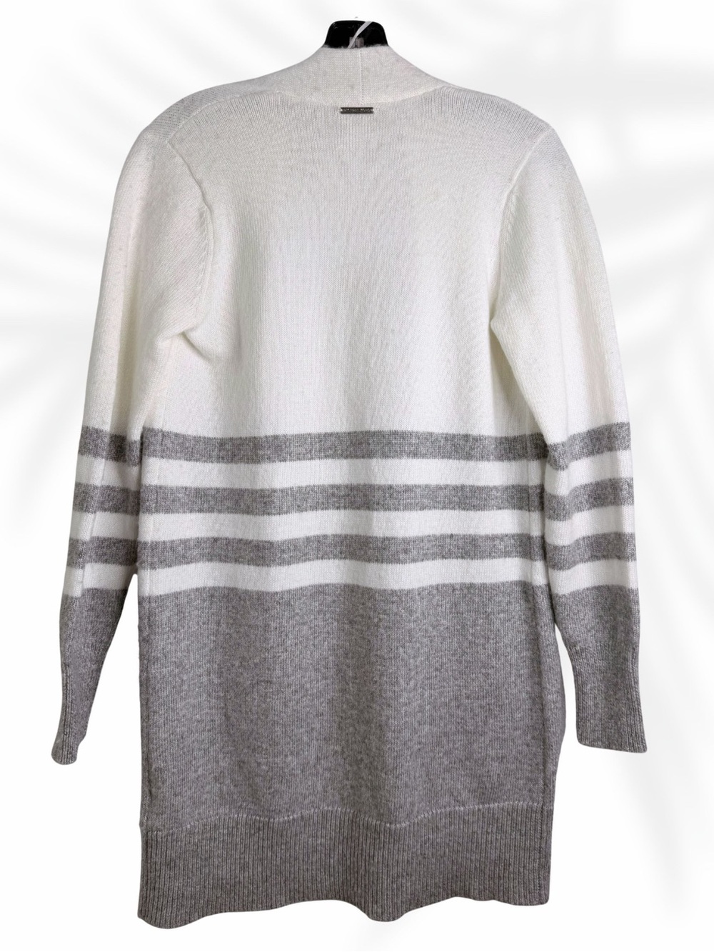 Michael Kors Open Front Cardigan Sweater XS | Gray White Stripe Longline Knit - Picture 2 of 3
